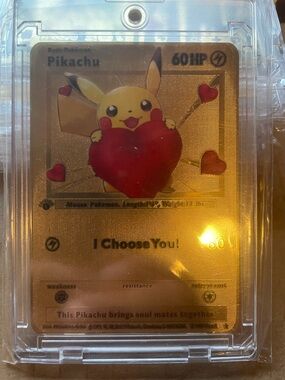 Pokemon Gold Pikachu Card with Red Hearts Metal plated novelty